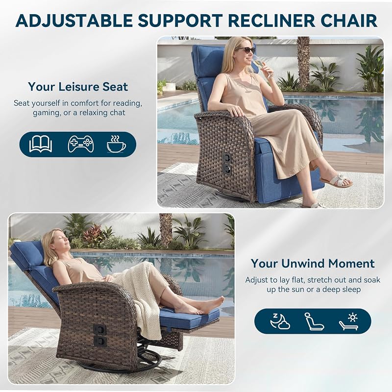 Jelwaly Zero Gravity Patio Swivel Recliner Chair - Wicker Outdoor Lounge Chair with Adjustable Backrest & Footrest, All Weather Reclining Chairs with Thick Cushion for Pool Deck Blue image 5
