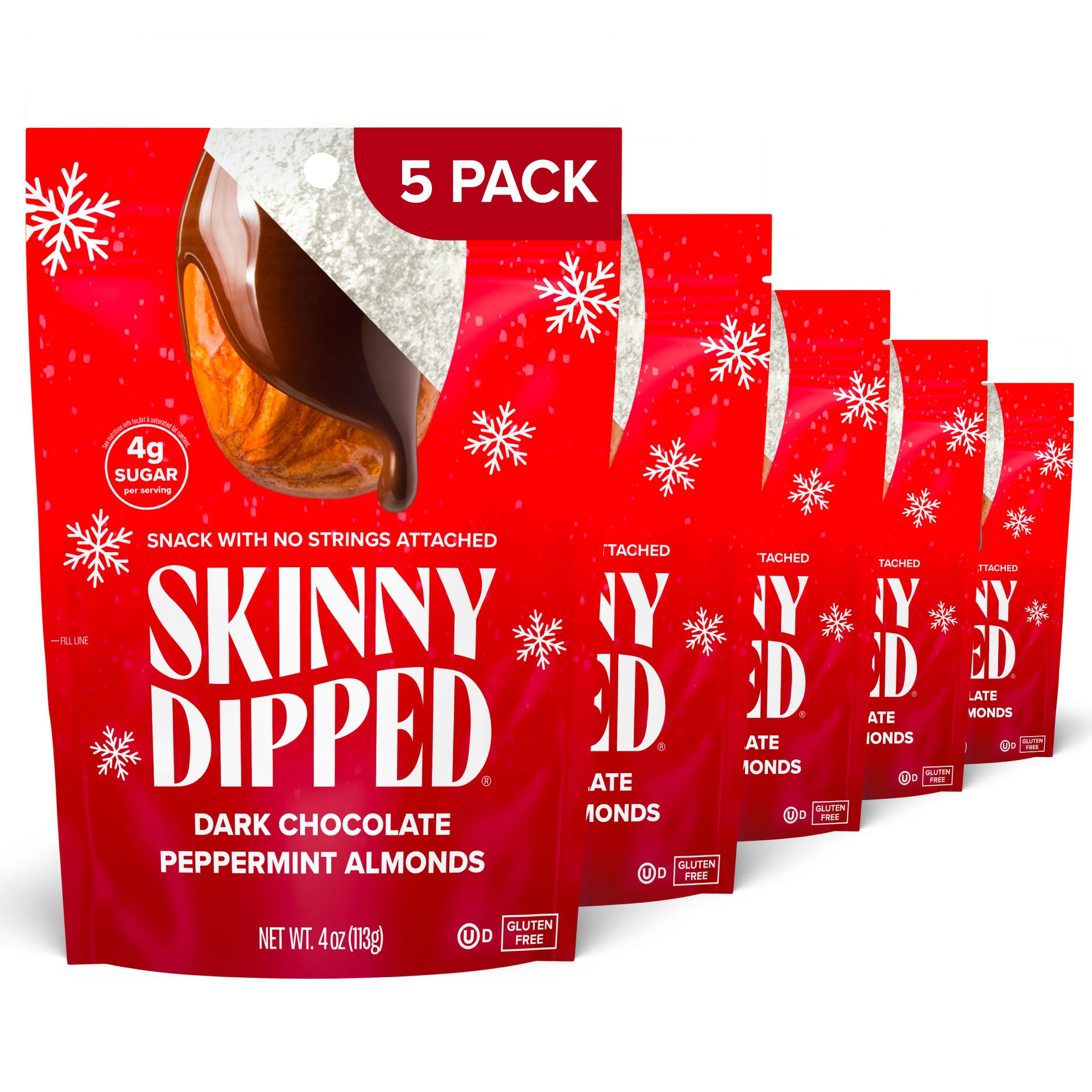 Dark Chocolate Peppermint Almonds, Healthy Snack, Plant Protein, Gluten Free, 3.5 oz Resealable Bags, Pack of 5