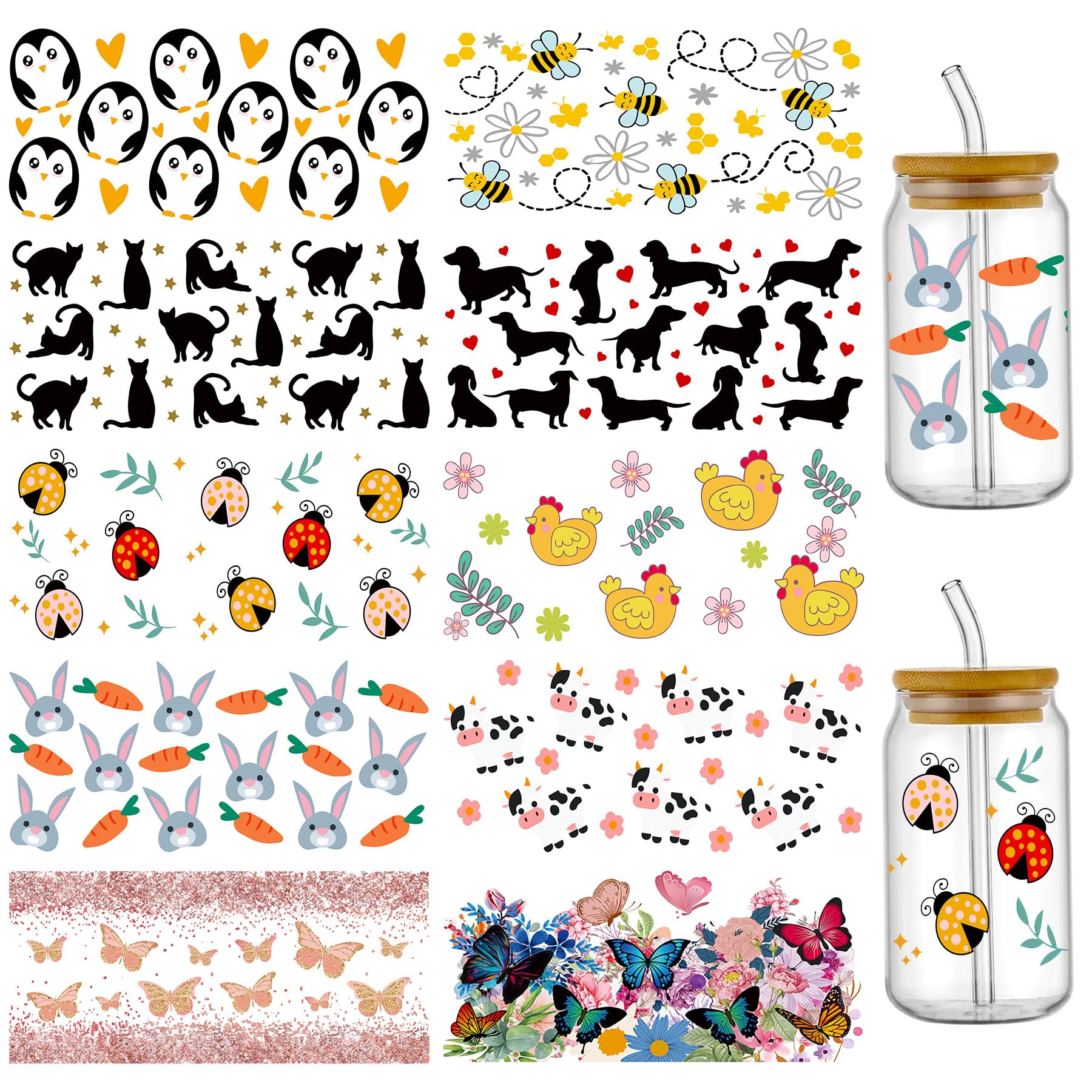 PEVOGON Animal UV DTF Cup Wrap Transfer Stickers for Glass, 10 Sheet Rub on Transfers Decal for 16OZ Glass Cups Furnit Craft Wood DIY Crafts