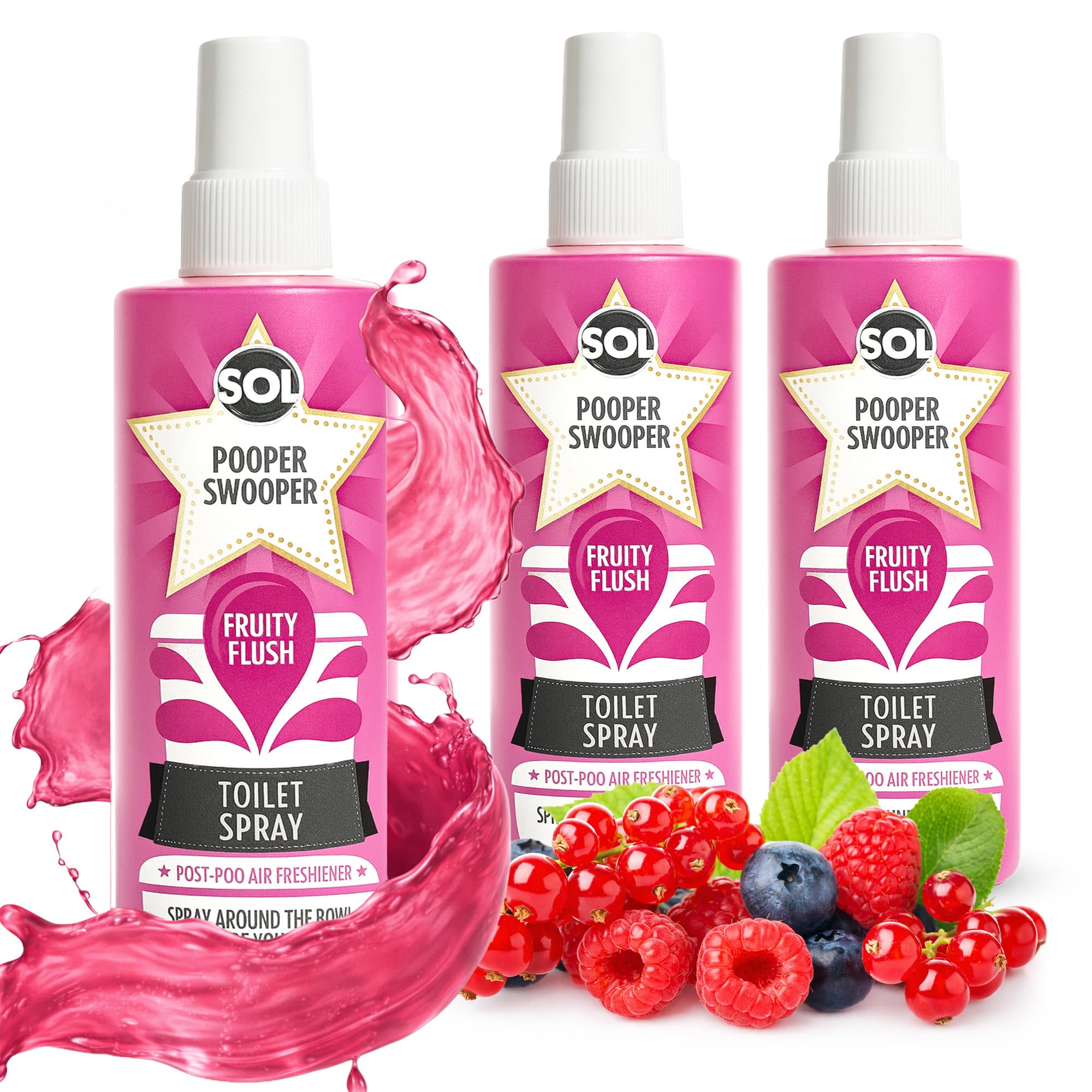 3pk x 60ml Pooper Swooper Toilet Spray Freshener Fruity Flush Fragrance 1,000+ Sprays per Pack, Air Refresher for Public Bathrooms, Office, Home, Travel-Friendly Cleaning Solution for Poo Odours
