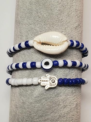 Miniatura 2 de 3 pcs Ilde Cowrie seashell Evil Eye Hamsa Hand Orisha Santeria Pulseras Bracelet Set (Yemaya)