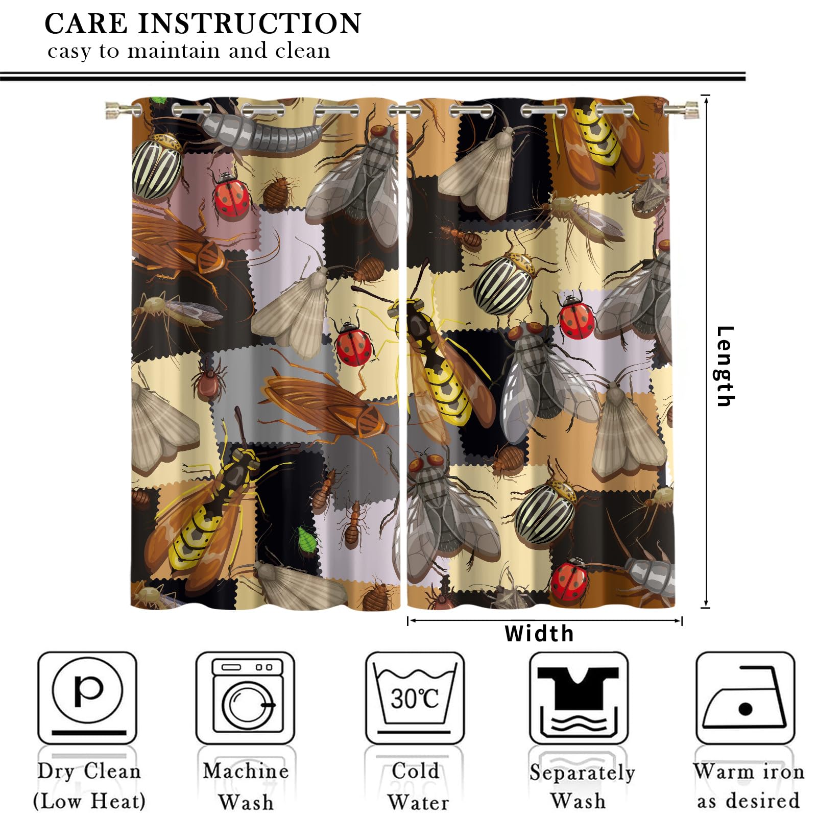 Insects Childrens Curtains Ladybugs Blackout Curtains Grommets Beetles Curtain Living Room Bee Curtain Bedroom Butterflies Window Drapes Thermal Insulated Window Treatment Drapery Panels W63xL72in