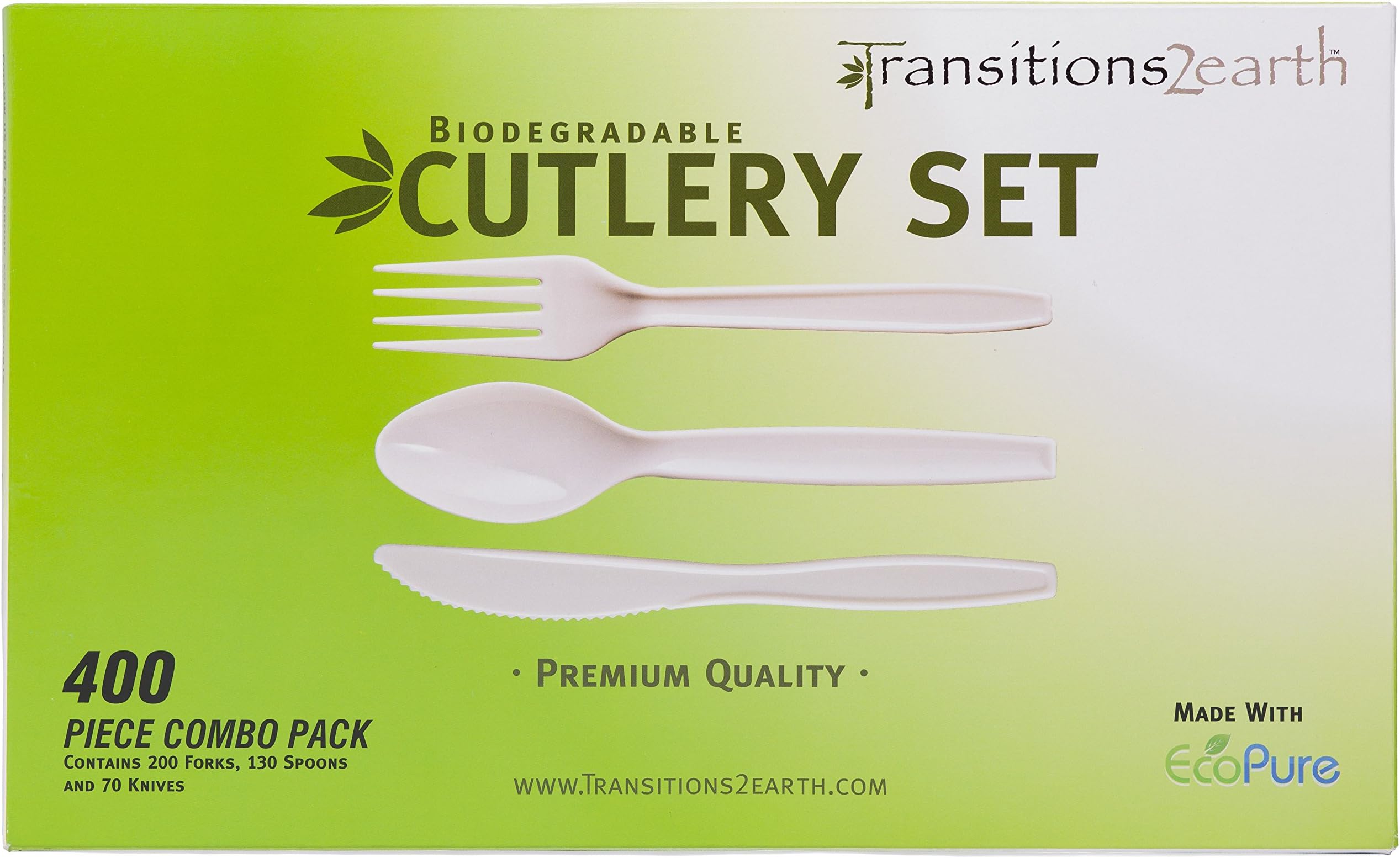 Biodegradable EcoPure Fork, Knife, Spoon Combo Pack - Box of 400 (200 Forks + 130 Spoons + 70 Knives) - Earth-Friendly, BPA-Free, Heavy Duty, Heat Resistant, Recyclable Utensils