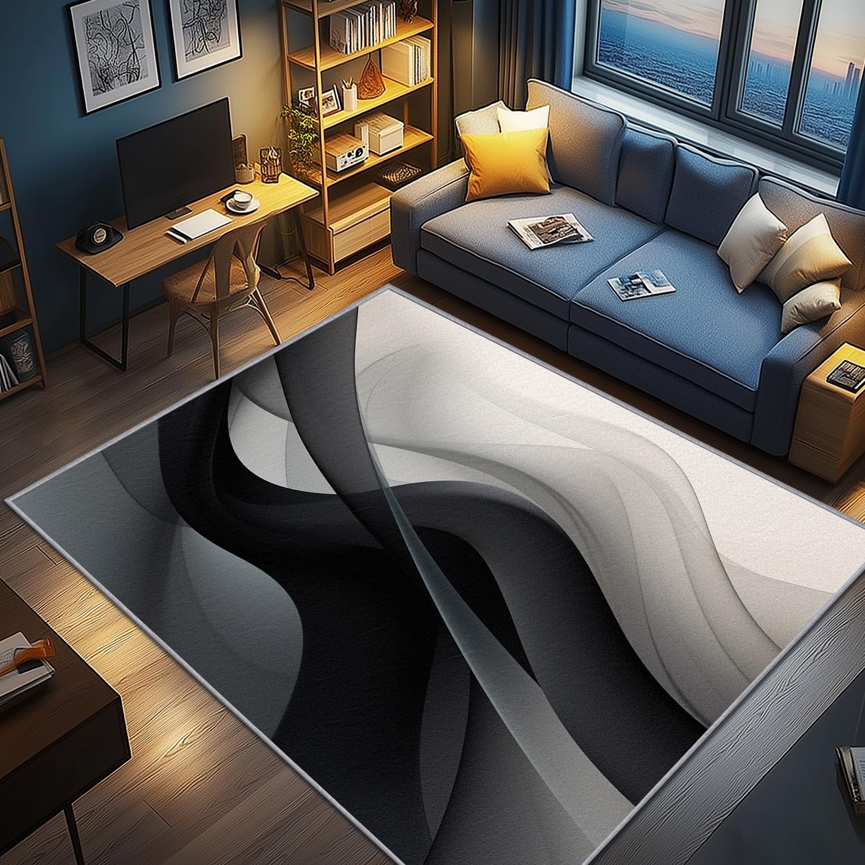 Wellen Deko, Moderne Wellen Gestreift Teppich 120x160 Kurzflor, Teppich Wohnzimmer Schwarz Weiß, Weich rutschfest Waschbare Teppiche, Bettvorleger Schlafzimmer Kinderzimmer