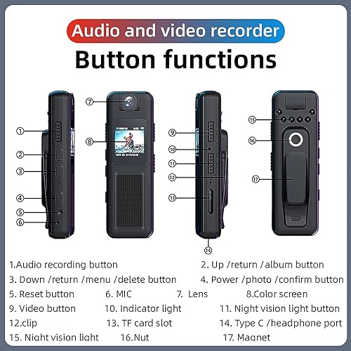 Miniatura 8 de Muayb Mini cámara corporal de 64 GB con audio y video, clip magnético con cordón, visión nocturna, grabación en bucle, clip trasero portátil para