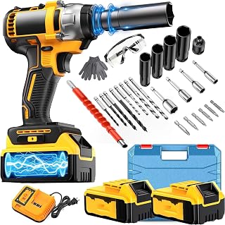 Cordless Impact Wrench, Brushless Electric Impact Gun Kit with 2 Batteries, Multi-Function Power Driver with Drill Bits, Sockets & Toolbox for Automotive Tire Repair, DIY Home Projects (1Set)