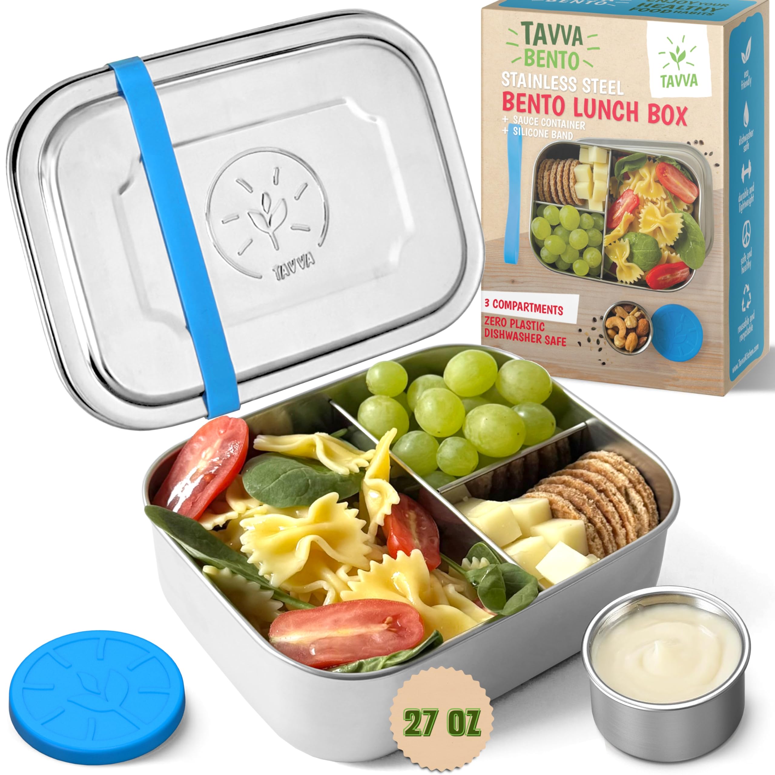 TAVVA Stainless Steel Bento Box for Kids 27oz - Stainless Steel Lunch Box for Kids with Leakproof Condiment