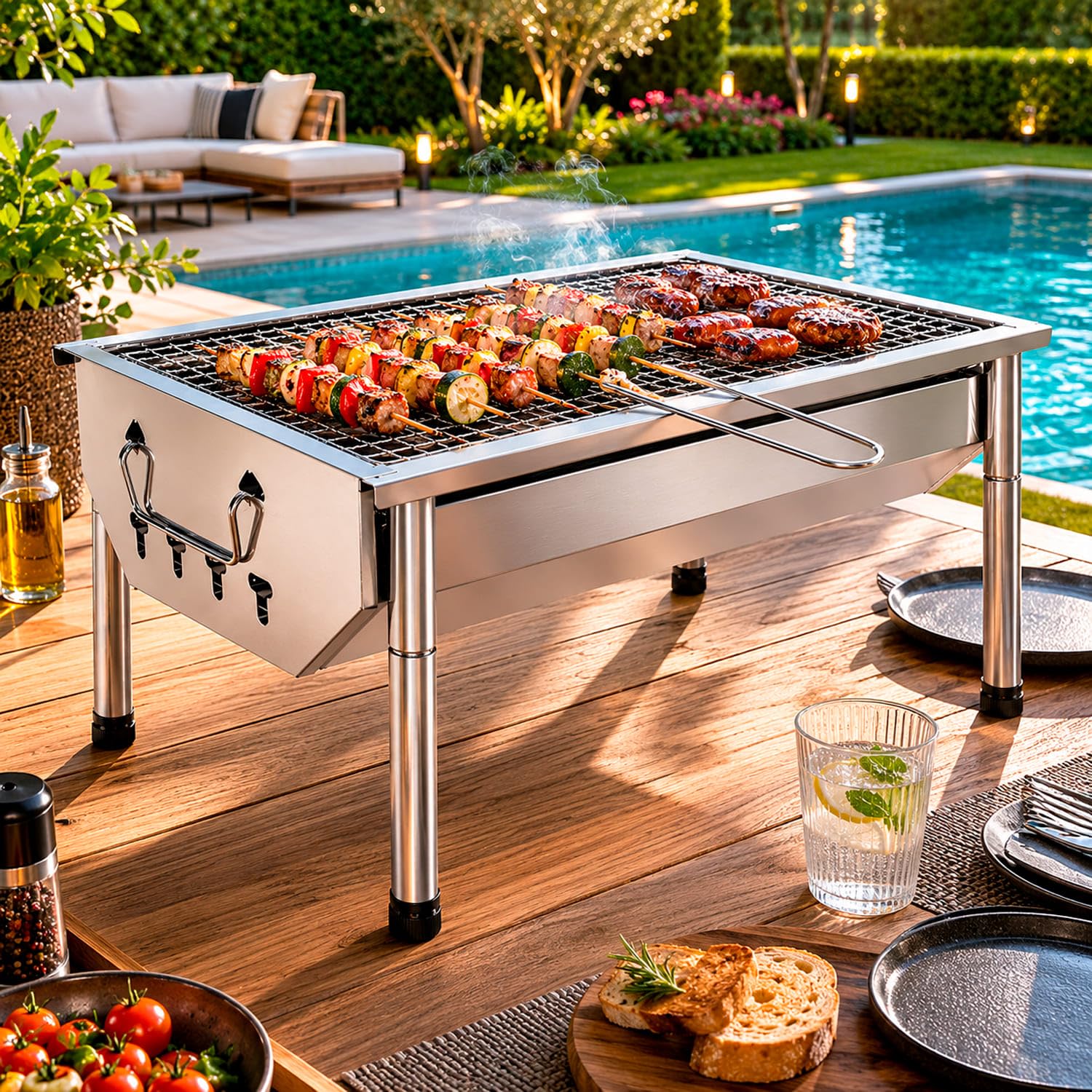 Barbecue A Carbone Portatile In Acciaio Inox Con Griglia Smontabile Gambe Regolabili Design Salvaspazio Per Campeggio Picnic Giardino Outdoor 40 X 28 X 21.5 Cm Acciaio