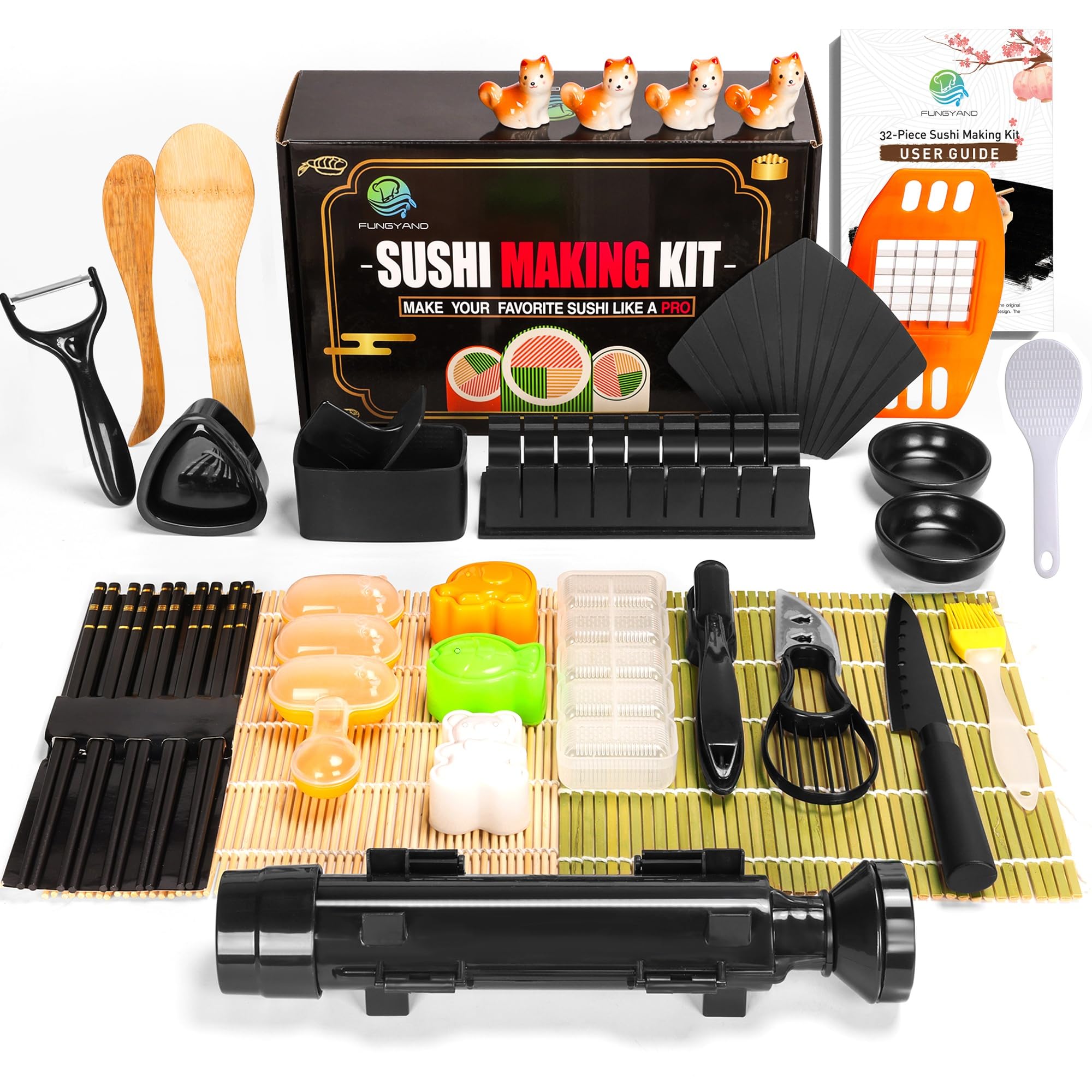 fungyand sushi making kit 32-in-1 complete set with bazooka roller nigiri amp musubi presses bamboo mats knife peeler animal rice molds chopsticks amp more  perfect for family fun
