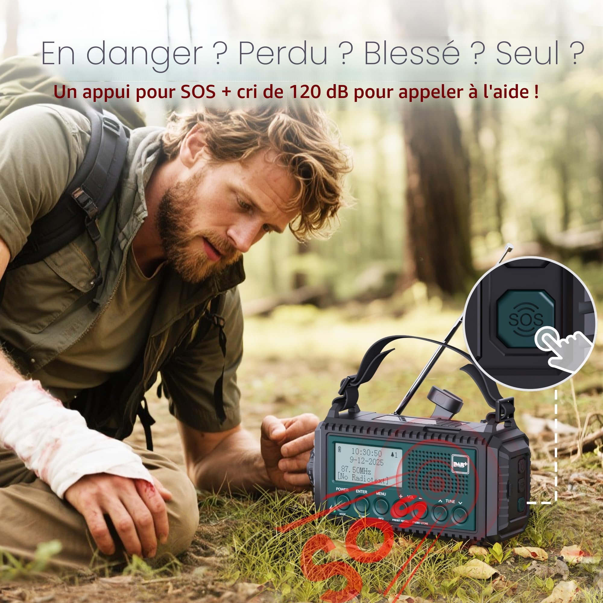 Dab/Dab+/FM Radio d'urgence Portable, Radio Solaire Manivelle avec Lampe Torche LED & Lampe de Lecture, 5000mAh Batterie Rechargeable, Alarme SOS de Camping, Bleu