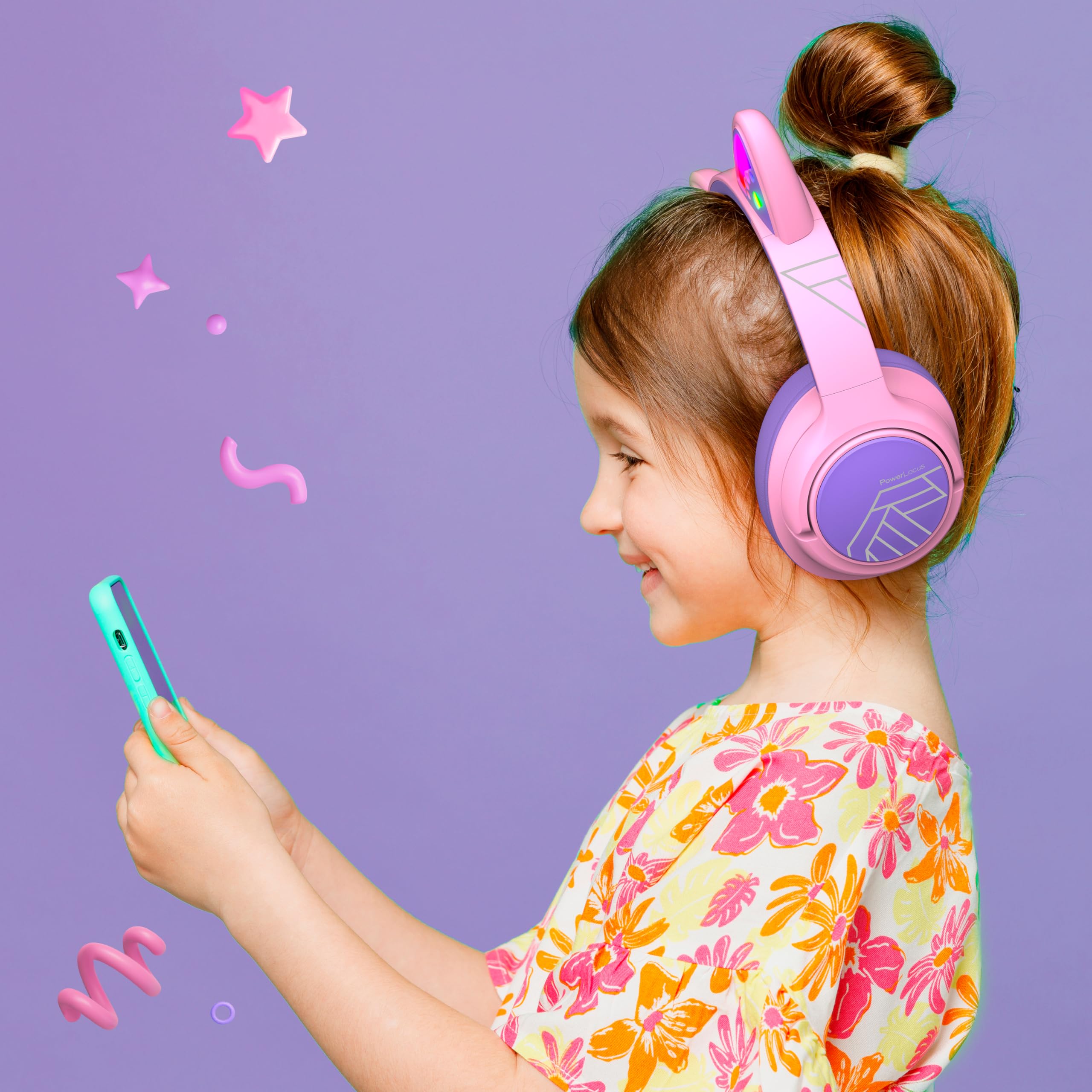 PowerLocus Cuffie Bluetooth per Bambini, Cuffie Wireless per Ragazzi, 74/85/94dB Limite di Volume, Luci a LED, Cuffie Over Ear Pieghevole Senza Fili con Microfono per iPad/Viaggio/Tablet/PC (Viola)