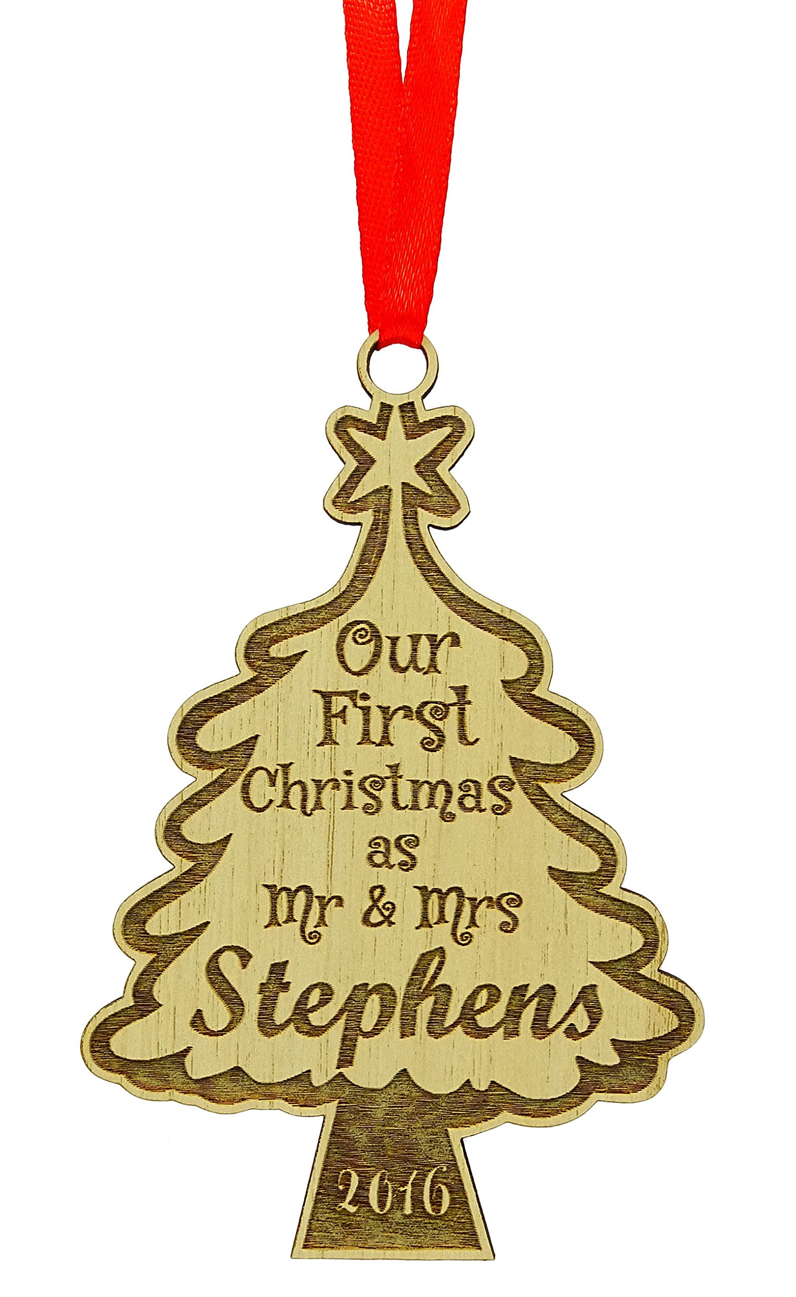 Darling Souvenir Our First Christmas as Mr & Mrs Personalized Christmas Tree Ornament Wood Engraved Hanging with Gift Box