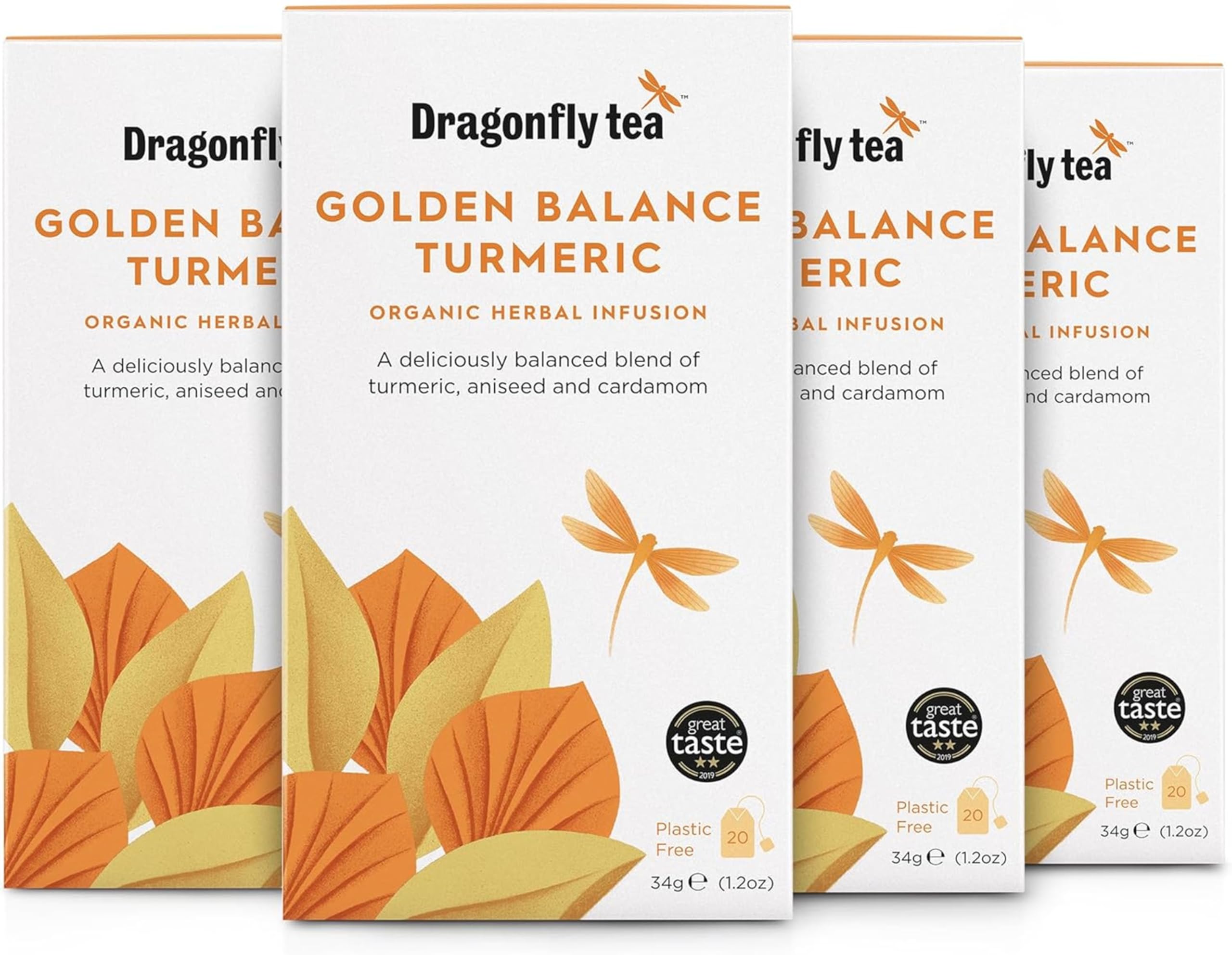 Dragonfly Golden Balance Turmeric Tea | Pack of 4 x 20 Organic Tea Bags (80 Teabags) | Herbal Tea Bags | Turmeric Tea Bags | Detox Tea Bags | Immune Support | Caffeine-Free Tea | Compostable