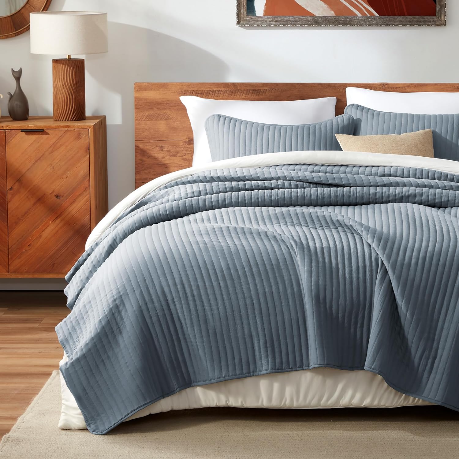 SLEEP ZONE Stripe Quilt Sets, King Bedspread Bed Coverlets for All Season Lightweight Quilts with 2 Pillow Shams 106x96 inch, Mustard Yellow