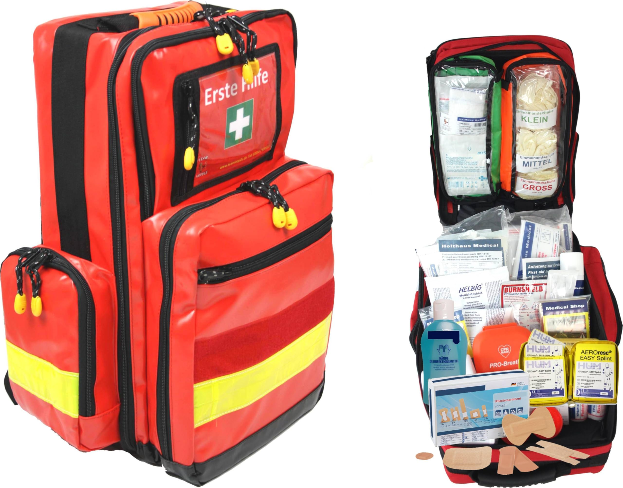Erste Hilfe Notfallrucksack Sport Freizeit & Event - Planenmaterial Rot - Gelbe Reflexstreifen