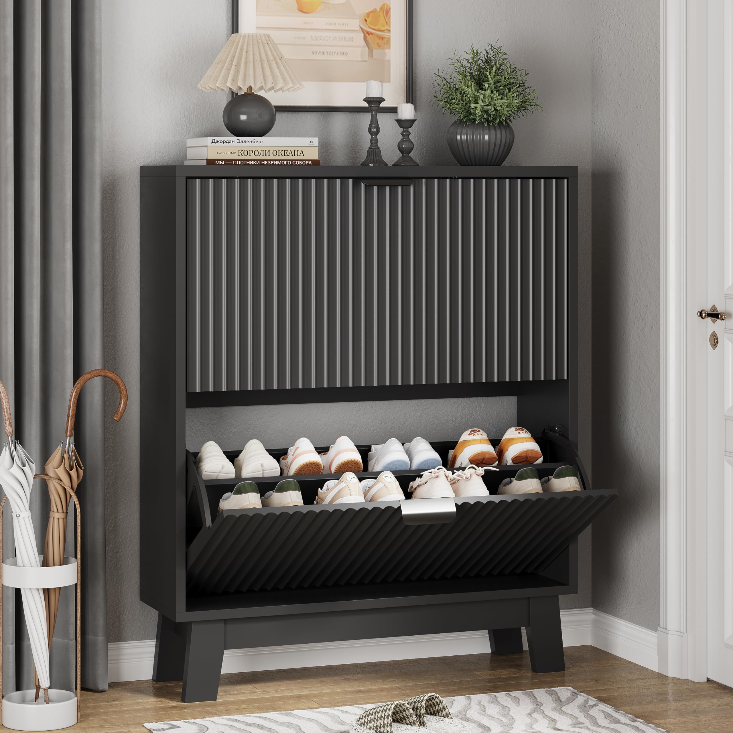 앞쪽 view of the Xixini Solid Black Shoe Cabinet with two flip drawers.