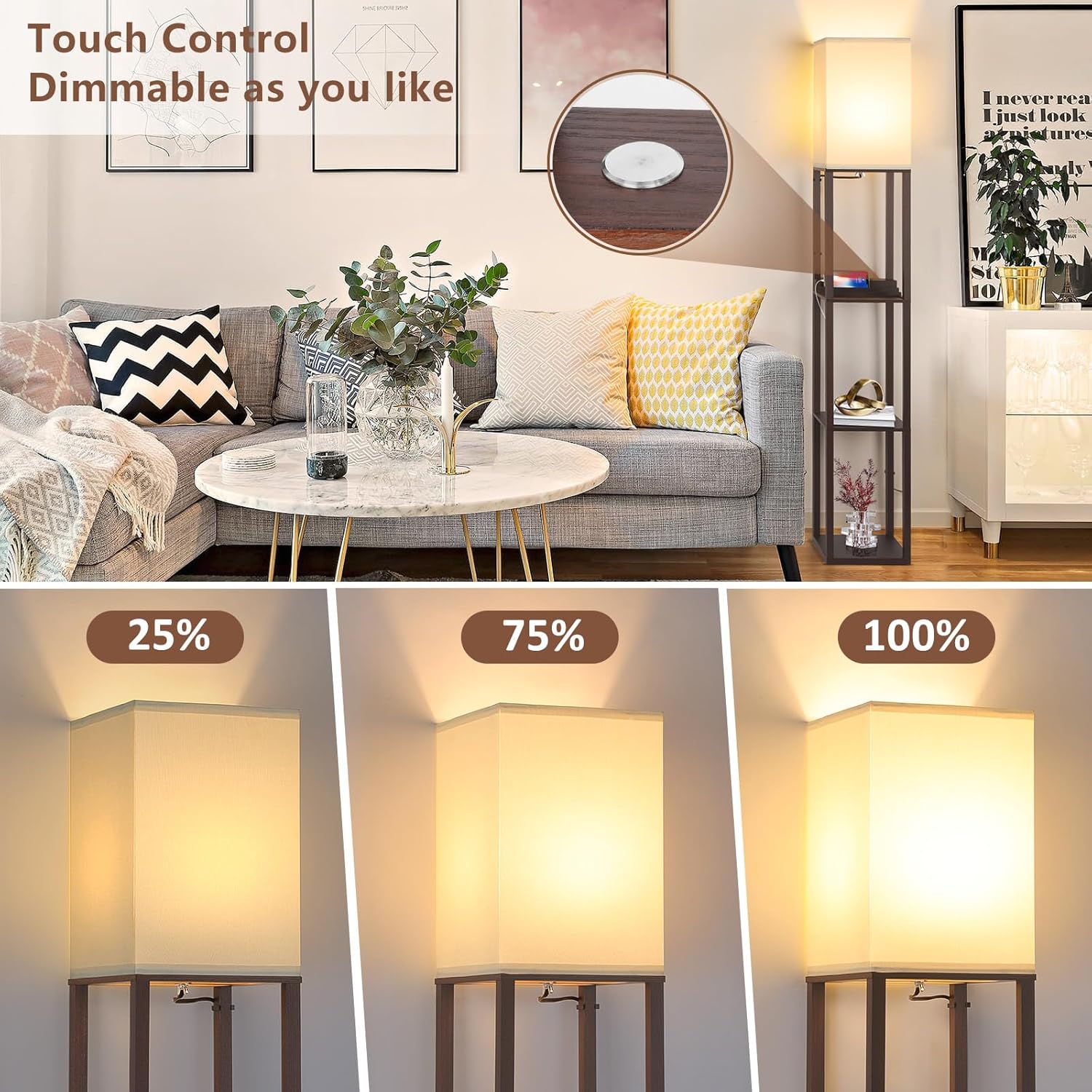 FOLKSMATE Touch Control Shelf LED Floor Lamp with Shelves, Charging USB, Type C Port and Power Outlet, Dimmable Standing Lamp for Living Room, Bedroom