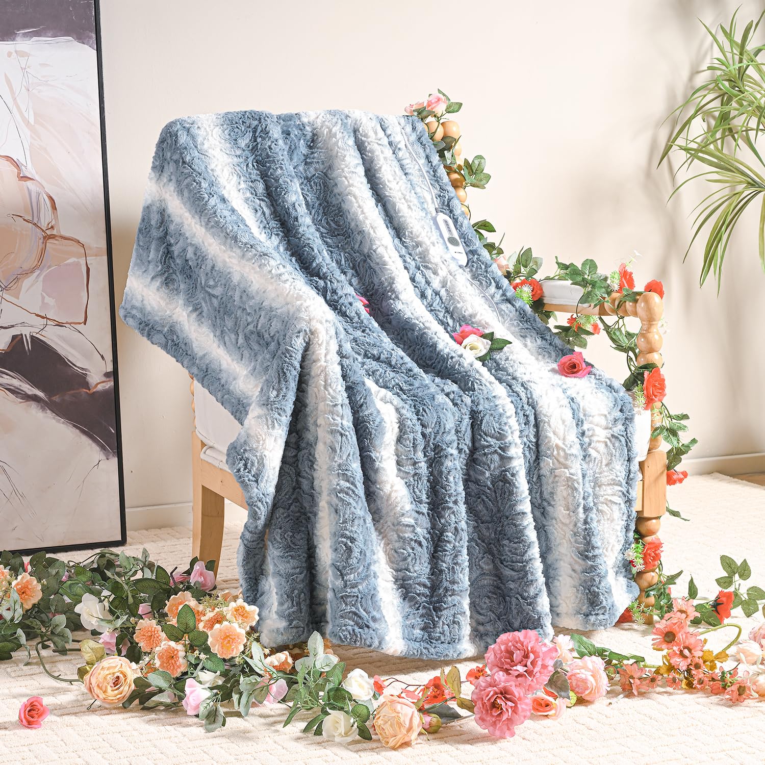WOOMER [5 Year Warranty Electric Heated Throw Blanket (50"x 60"), Eco-Friendly Faux Fur&Soft Sherpa,Fast Heating Blanket with Floral Pattern, 4 Heating Levels & 4H Auto Off, ETL Certified, Home Decor