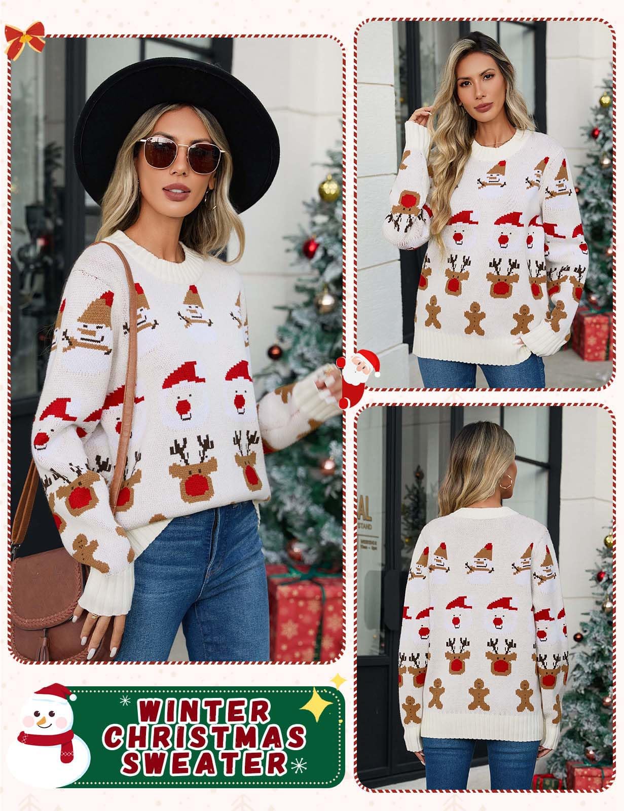 Weihnachtspullover Damen Lustige Pullover Warm Christmas Strickpullover Winter Rundhals mit Schneemann Elch Rote Herzstreifen Grün Weihnachtsbaum Pullis Oberteile Langarm Weihnachtskostüm