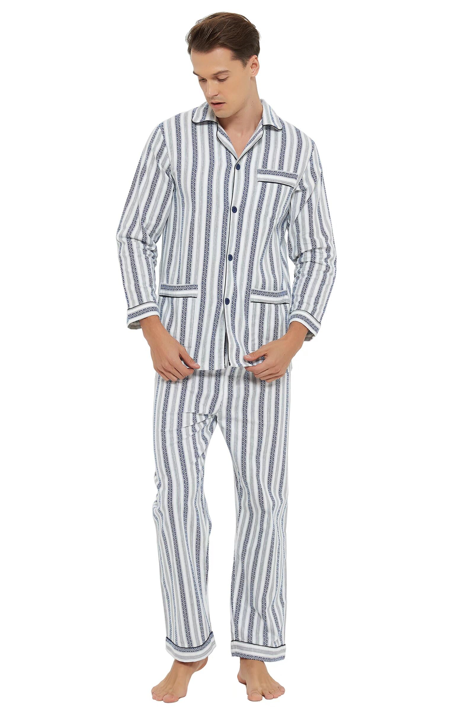 GLOBAL Pigiama Uomo Flanella Cotone Lungo Pantaloni Vita Elasticizzata Coulisse Bottoni Invernale Abbigliamento da Notte Confortevole
