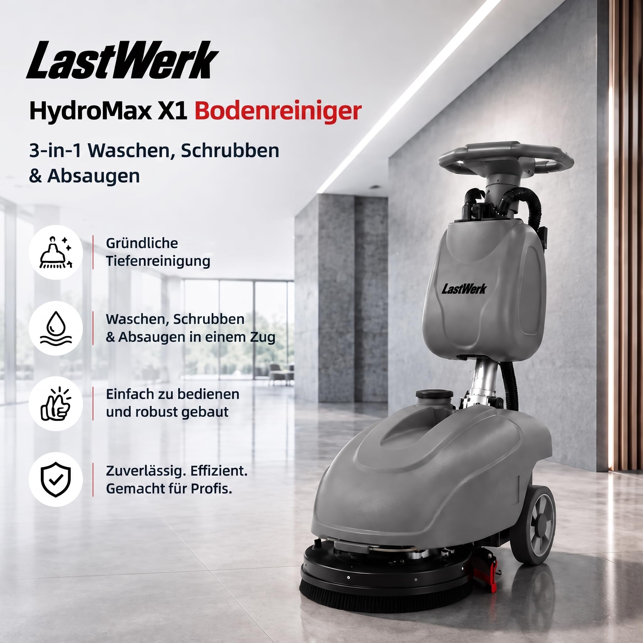 Hydromax X1 Scheuersaugmaschine – 3-in-1 Schrubben, Reinigen & Absaugen, 10 L /15 L Wassertank, 24 V/32 Ah Akku, 300 W Bürstenmotor, 400 W Saugmotor, bis 1.350 m²/h, Grau