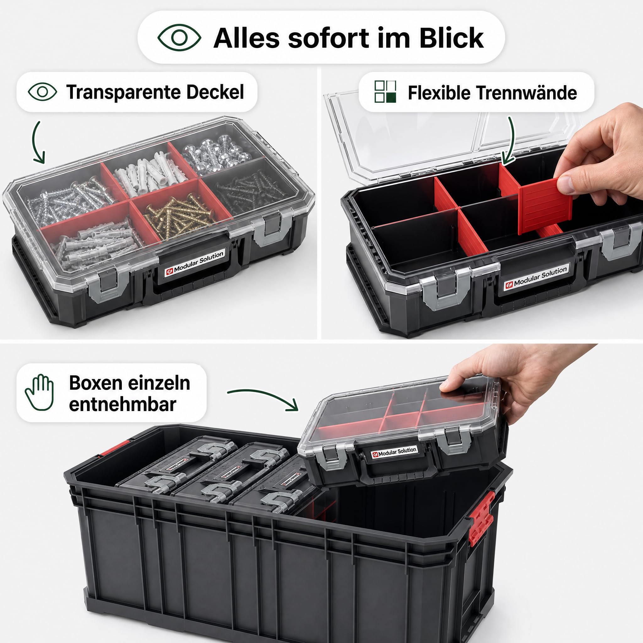 Sortimentskasten Set 7-tlg., Kleinteilemagazin mit Trennwänden | 520x329x210 mm, Modulare Werkzeugkiste mit Sortierboxen für Kleinteile – stapelbar, wandmontierbar, bis 50 kg belastbar