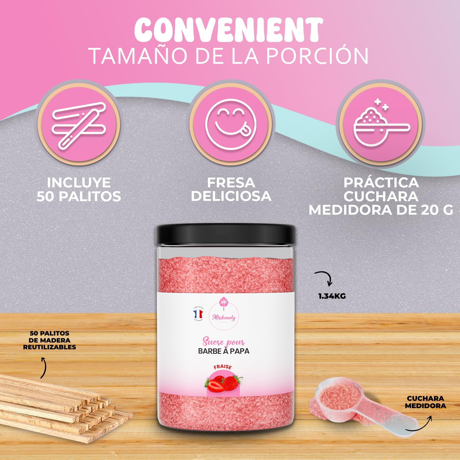 Misskandy-Azúcar para Algodón de Azúcar, Fresa 1,4 kg (Sabores y Colorantes Naturales) +50palitos