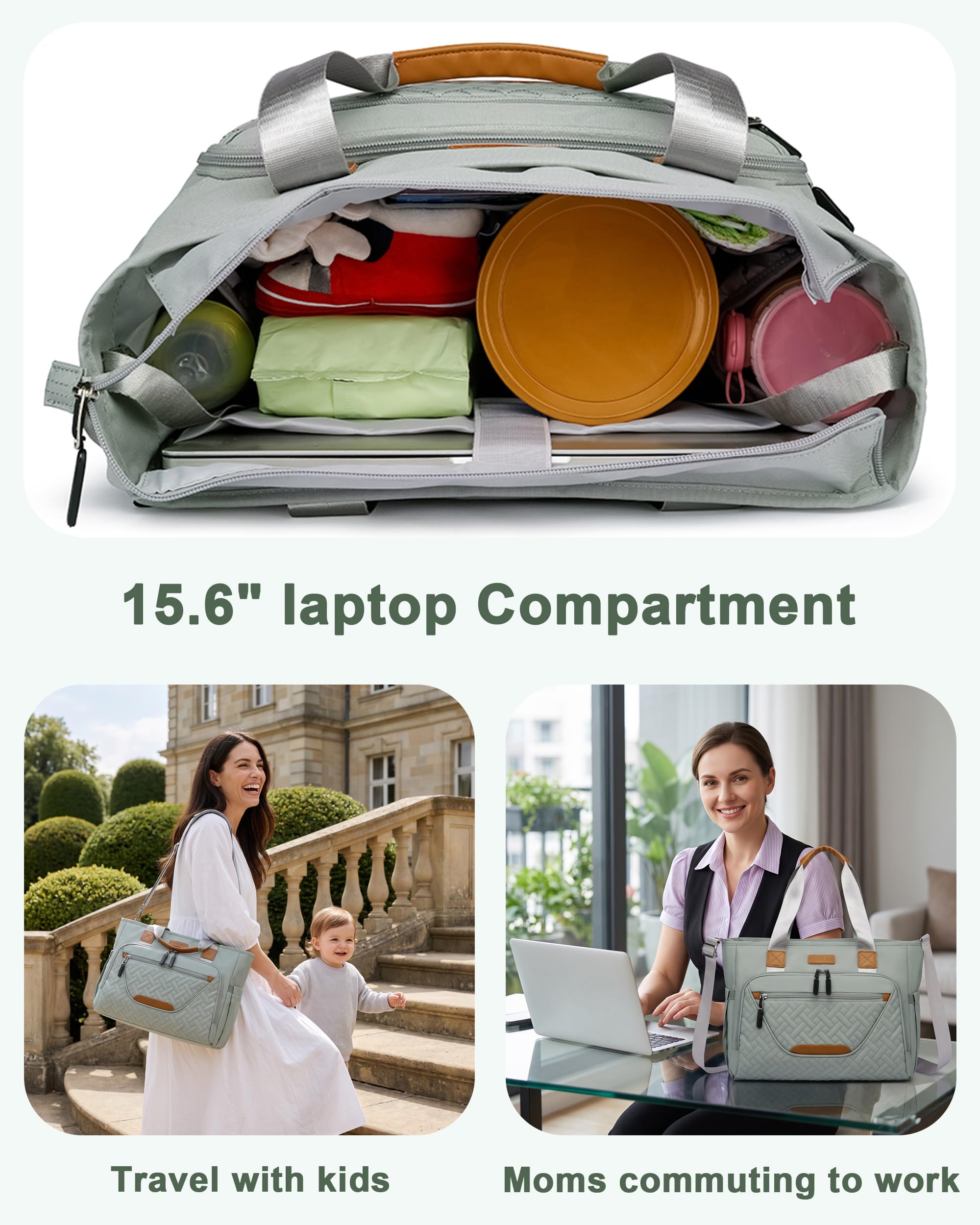 FHELAD Bolsa de pañales para mujer, bolsa de bebé con compartimento para laptop de 15.6 pulgadas, con bolsillo aislado para niños pequeños y recién nacidos