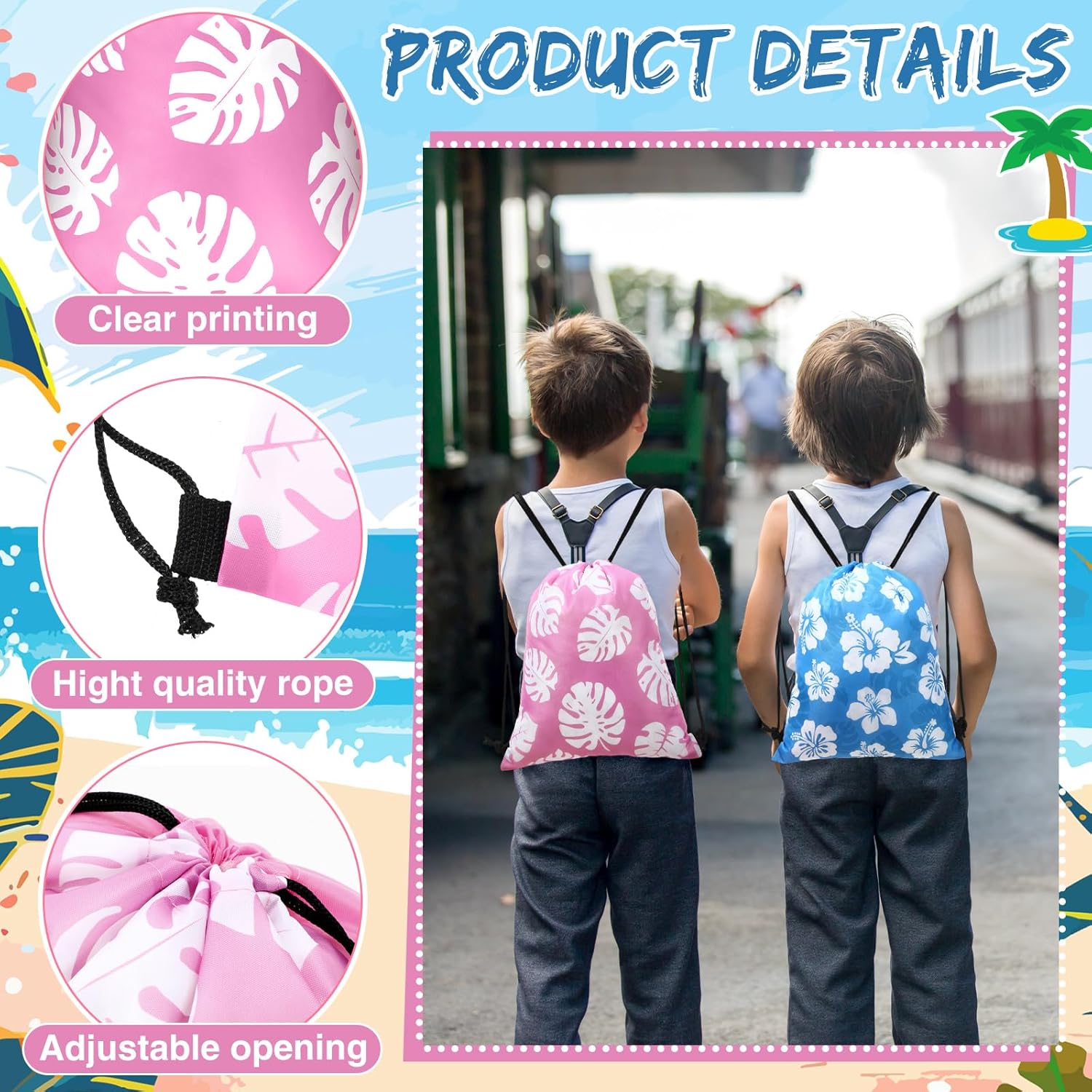 Yiyiring 16 Pcs Hawaiian Drawstring Bags Bulk 12 x 10 Inch Hibiscus Party Favors Bags Hawaii Themed Party Favors Decor for Kids Birthday Baby Shower Summer Holiday Supplies(Classic Hibiscus) - Image 3