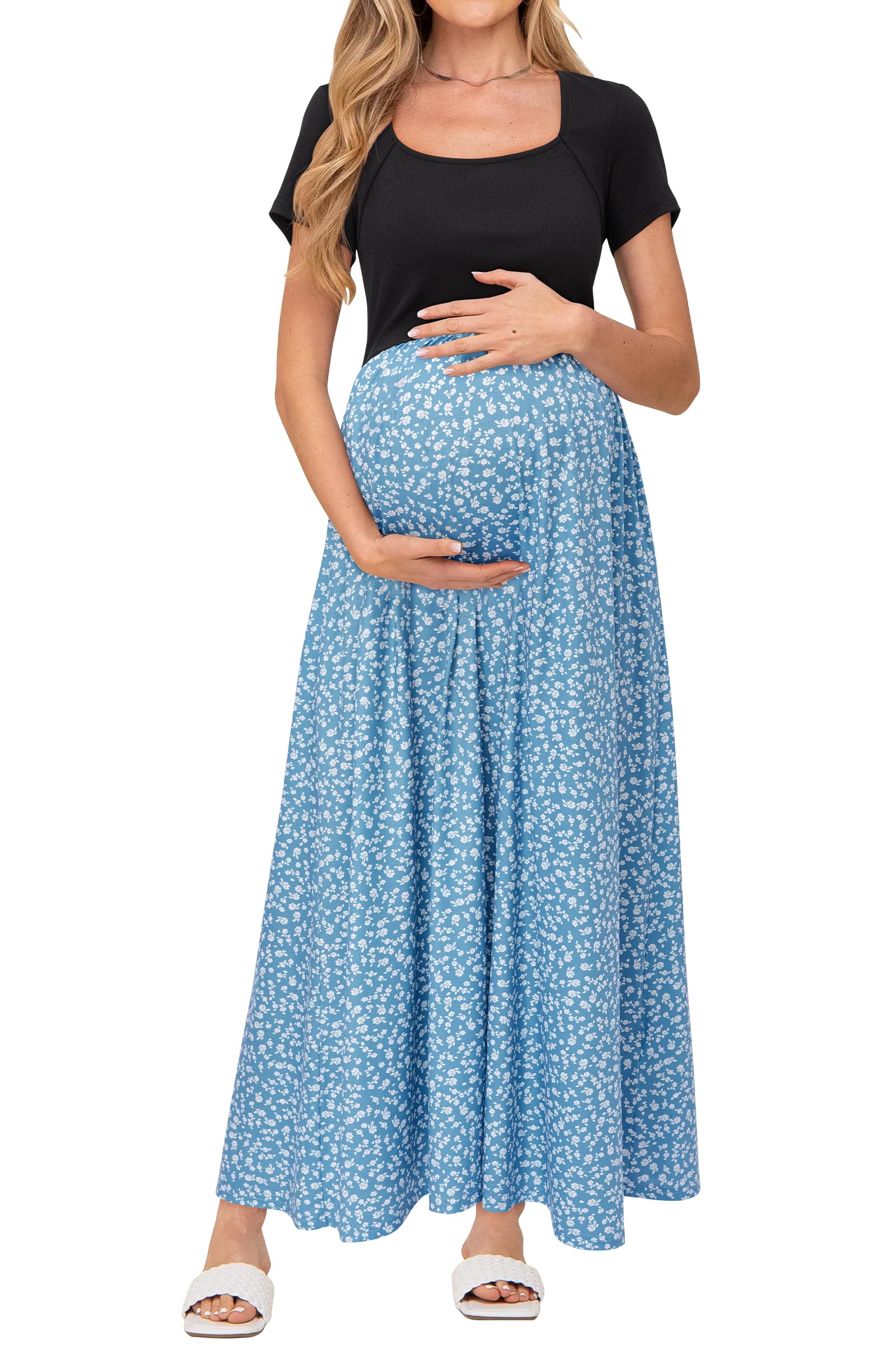 OUGES Donne Estate Maxi Vestito Manica Corta Vestito Lungo Casual maternità con Tasche