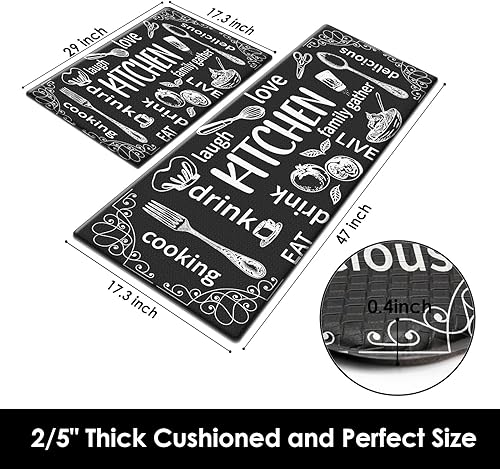 Miniatura 2 de Arttown Juego de 2 tapetes de cocina antifatiga negros con cuchillo y tenedor acolchados, tapete antideslizante impermeable y tapete ergonómico de