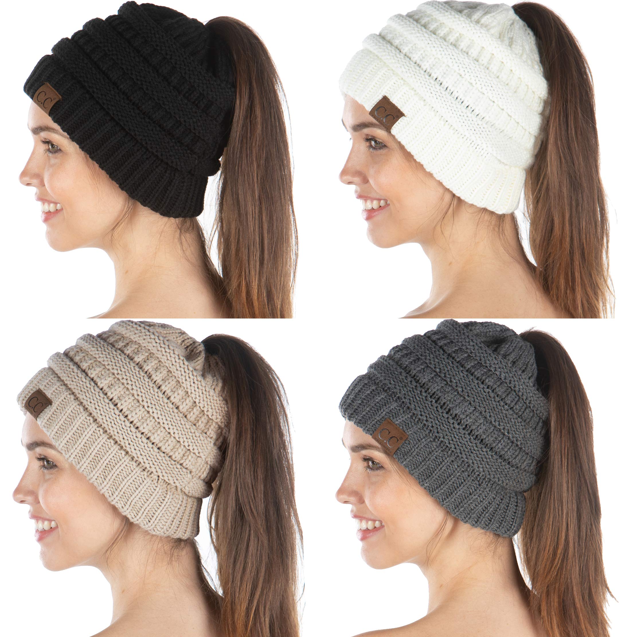 Funky Junque Exclusives Ponytail Beanie for Women – Ponyback Cable Knit Womens Winter Hat, High Pony Tail Running Beanies