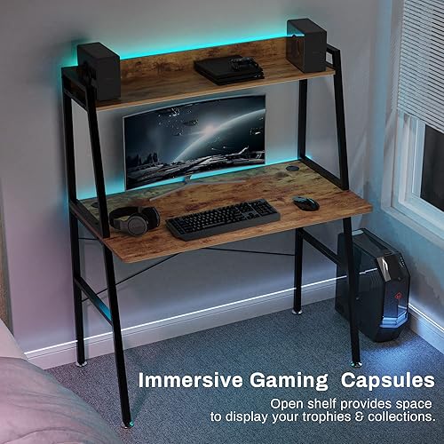 Miniatura 5 de DESIGNA Escritorio pequeño con escalera para computadora con estantes de almacenamiento, 43 pulgadas, 2 niveles, oficina en casa, estudiantes,