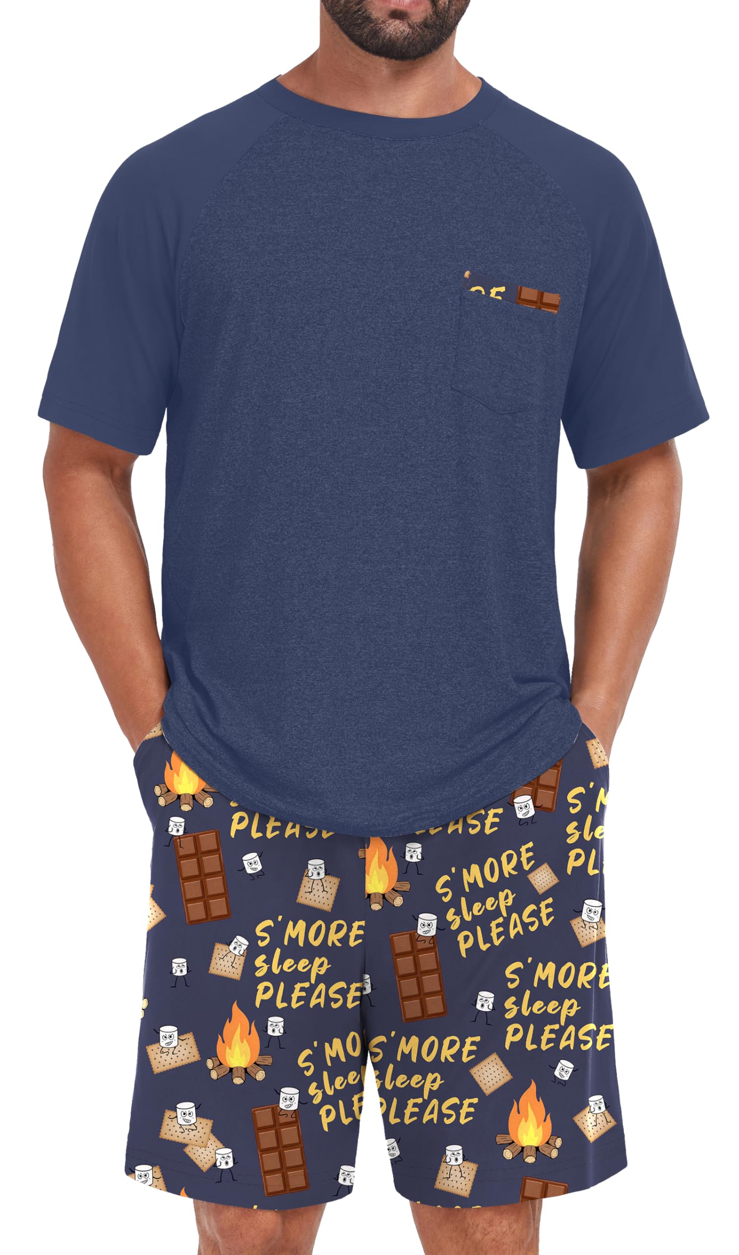 Mens Pajamas Set Lightweight Summer Pjs Sleepwear Quick Dry Soft Comfy Short Sleeve Blue Choc Print With Pocket (S-4X)