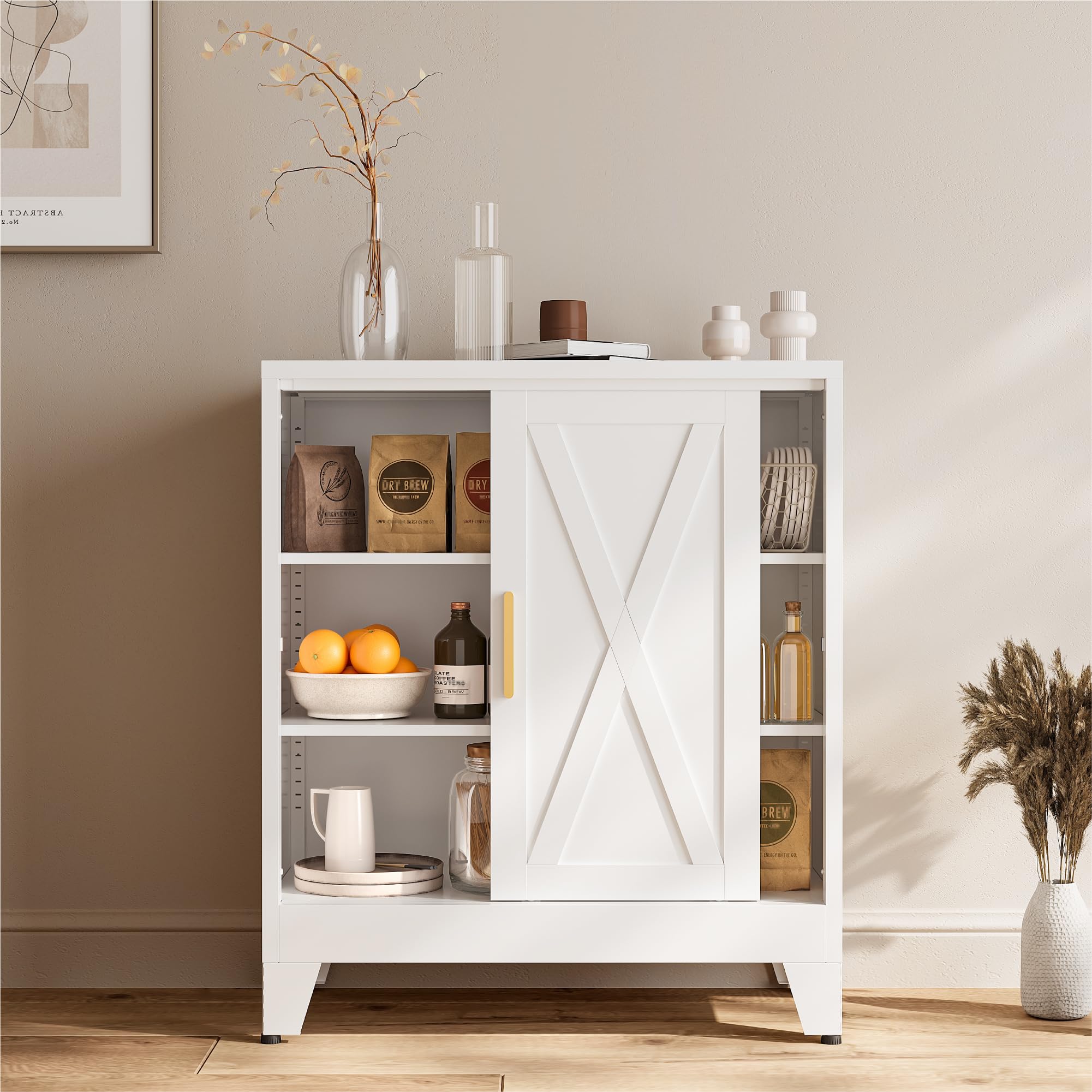 COFaR White 37" H Sliding Door Storage Cabinet, Half Open Half Closed Design, 3-Tier Kitchen Organizer with Adjustable Shelves, 150 lbs Top, Metal Coffee Bar &amp; Buffet Sideboard for Dining Room