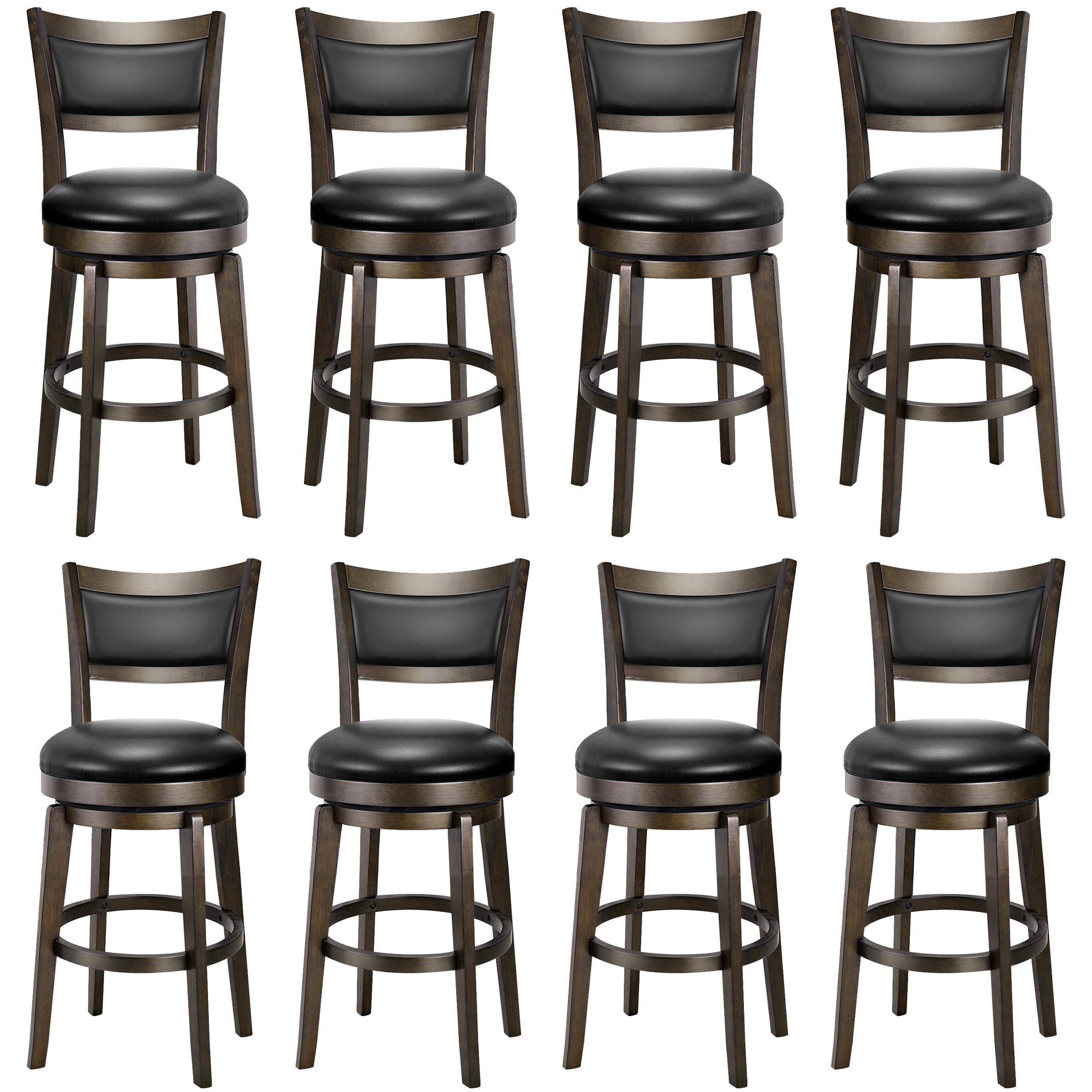 PrimeZone Swivel Bar Stools Set of 8, 24 Inch Counter Height Barstools, Black Faux Leather Bar Stool with High Backrest & Solid Wood Legs &