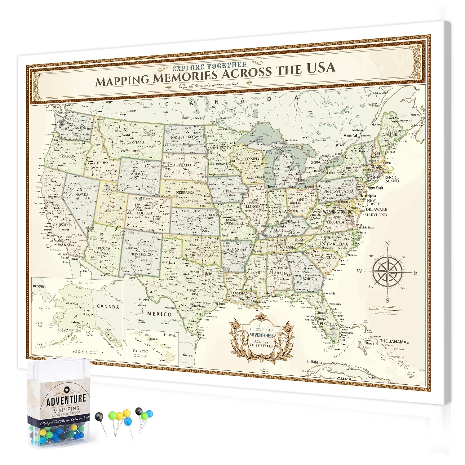 DECORARTS USA Travel Map with Pins, Colorful USA Map Pin Board, 40x30''