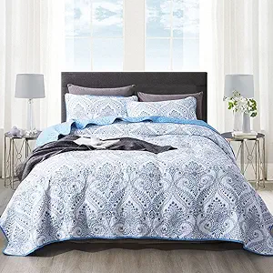 NEWLAKE Cotton Bedspread Quilt Sets - Reversible Patchwork Coverlet Set, Blue Classic Royal Pattern, California King Size