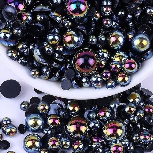 Perlas planas para manualidades, 1300 piezas de perlas color AB negro mitad redondas para artesanía, tamaño mixto 3456810mm de perlas planas mitad