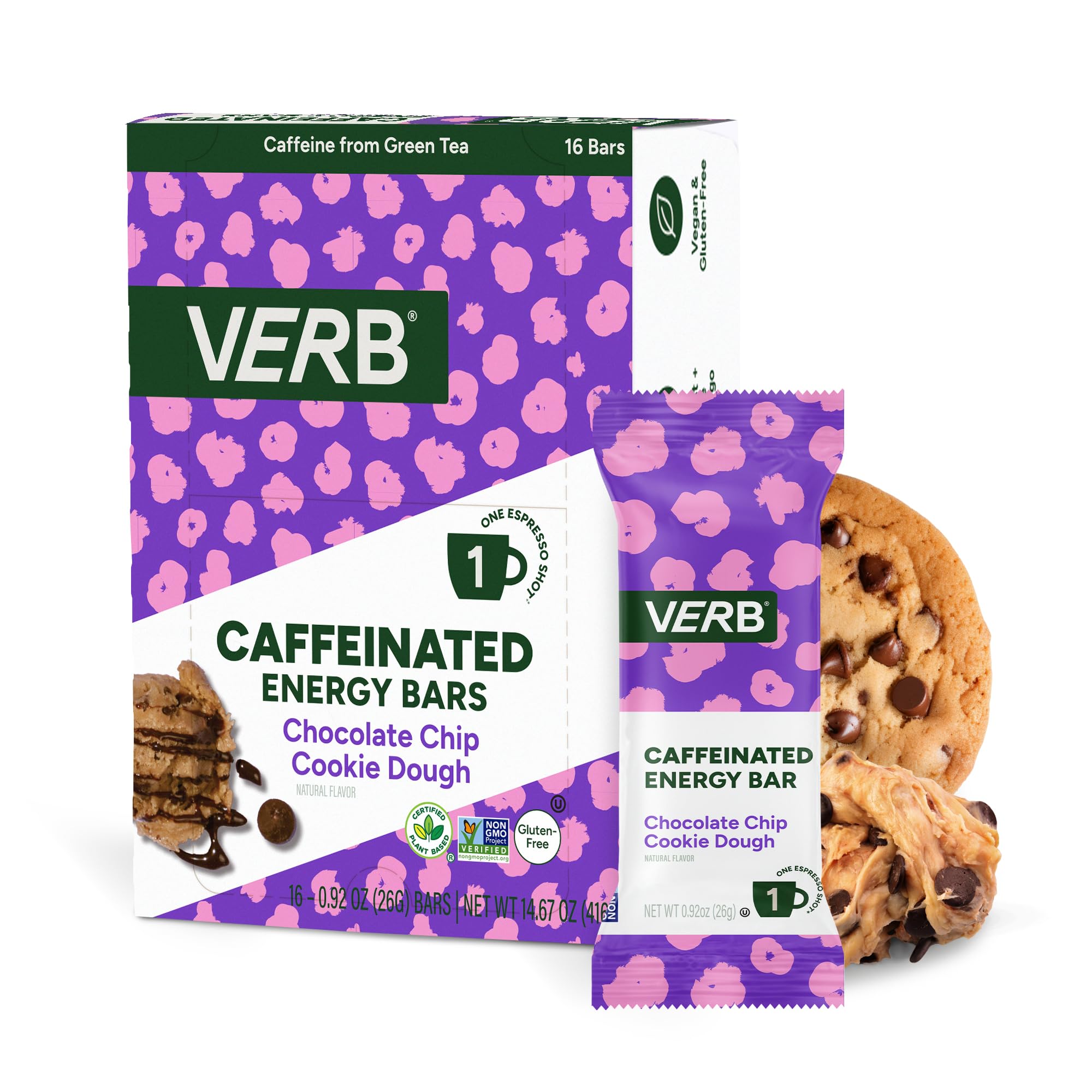 Verb Caffeinated Energy Bars Chocolate Chip Cookie Dough (26g, Pack of 16) 110-Calorie Delicious Energy Bar, Gluten Free On-the Go Snack with 80mg Green Tea Caffeine, Only Real-Food Ingredients