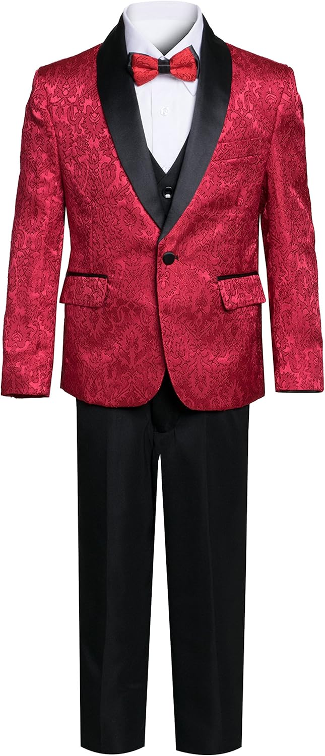 Boys Premium Paisley Patterned Shawl Lapel Tuxedos - Many Colors (14, Red with Black)