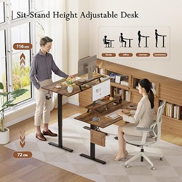 Klicelor Electric Height-Adjustable Desk with Movable Monitor Stand, 140 x 80 cm Sit-Stand Desk with 2 Memory Buttons and 4-Piece Table Top, Computer Desks, Brown