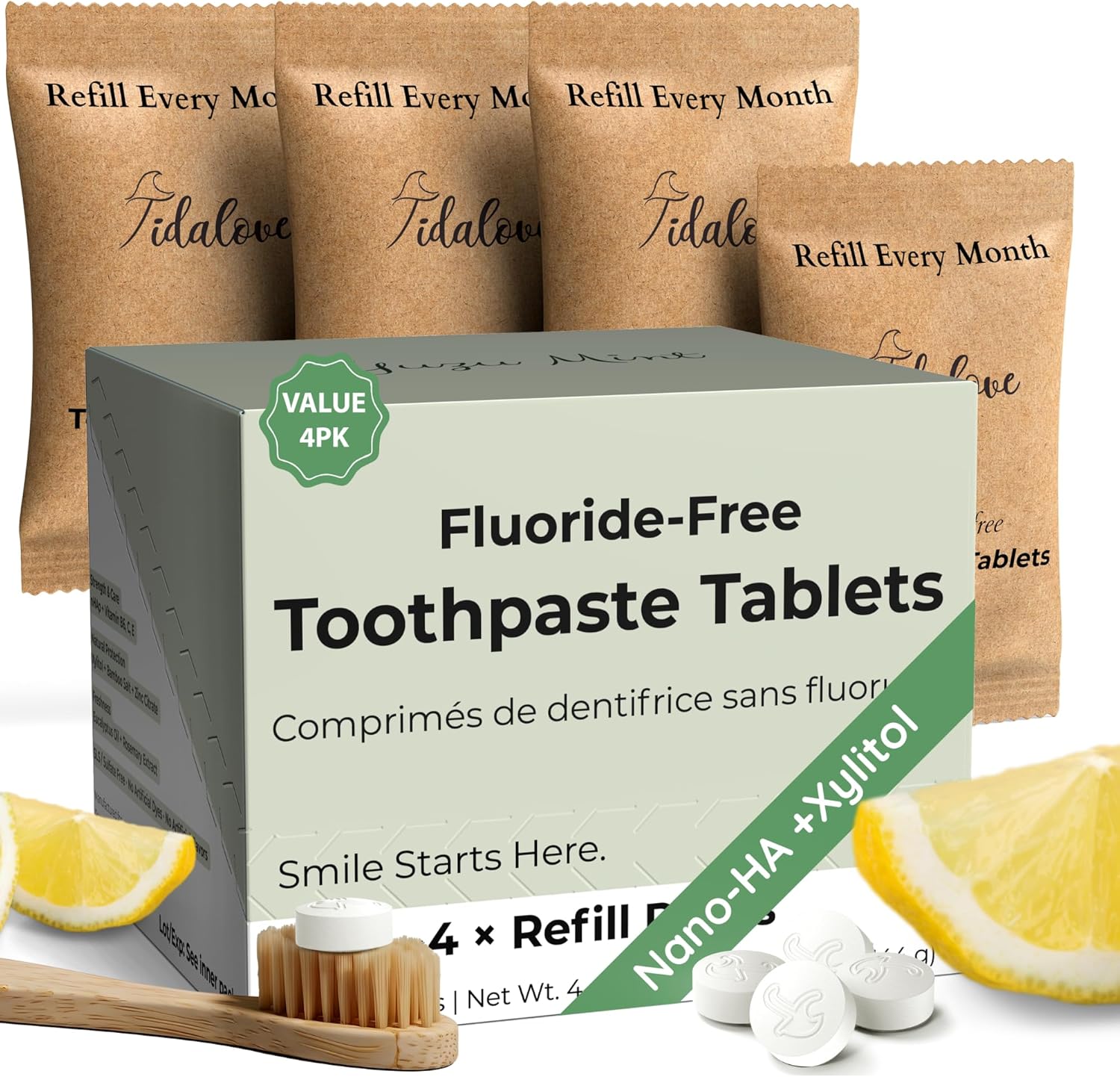 Citrus Yuzu Mint Fluoride-Free Toothpaste Tablets with Nano Hydroxyapatite | Natural Whitening, Enamel Strengthening, Plastic-Free & Travel-Friendly (4 Month Refill)
