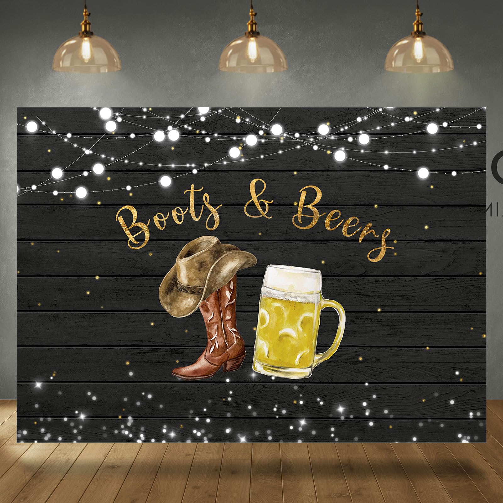 Rsuuinu Boots and Beers Photography Backdrop Black Wooden Floor Western Birthday Background for Man 20th 30th 40th 50th 60th 70th 80th Birthday Party