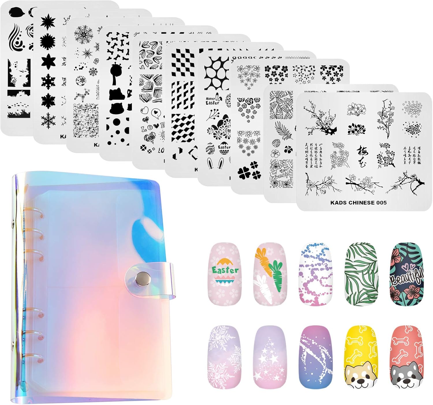 KADS 11pcs Nail Stamp Plates Set 10 Plates Christmas Snowflakes Cute Animals+ 1 Laser Symphony Storage Bag Christmas Nails Art Stamping Plate Set Leaves Flowers Animal Nail Plate Template Image Plate