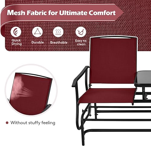 Miniatura 5 de Tangkula Silla mecedora para 2 personas, sofá biplaza mecedora para patio con mesa central de vidrio templado, banco de columpio para exteriores con