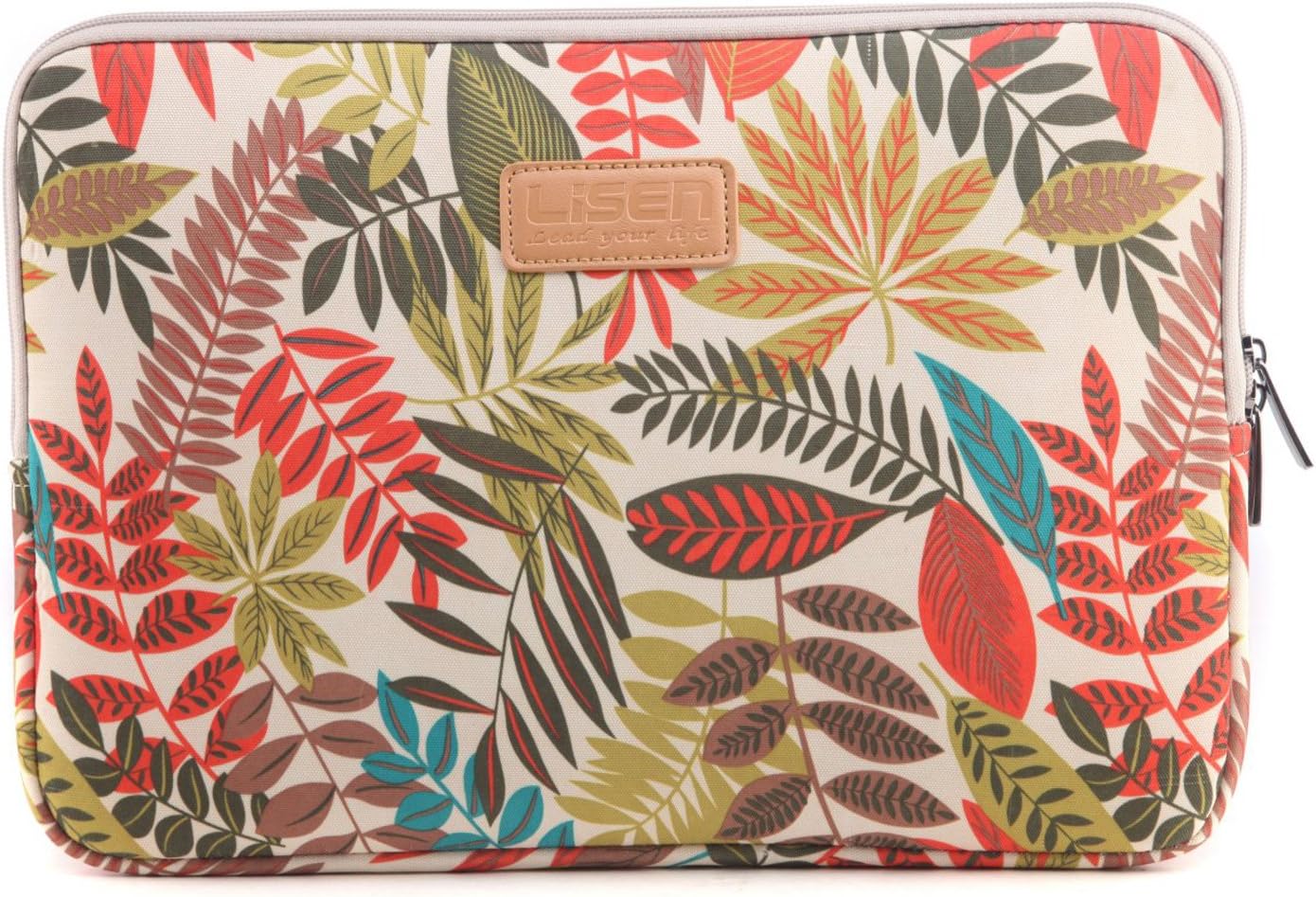 BSLVWG 10-15 inch Forest Series Pattern Water-resistant Canvas laptop sleeve for 13.3 inch laptop case Compatible with macbook air 13 case macbook pro 13 sleeve ipad 12.9 (13 inch, Khaki Leaves)