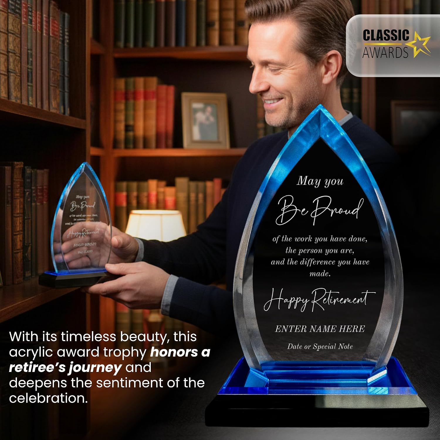 Personalized Acrylic Retirement Gifts For Men and Women, Laser Engraved Custom Trophy for Service Recognition, May You Be Proud Retirement Trophy Award for Boss, Employee, Teacher (Blue Oval)