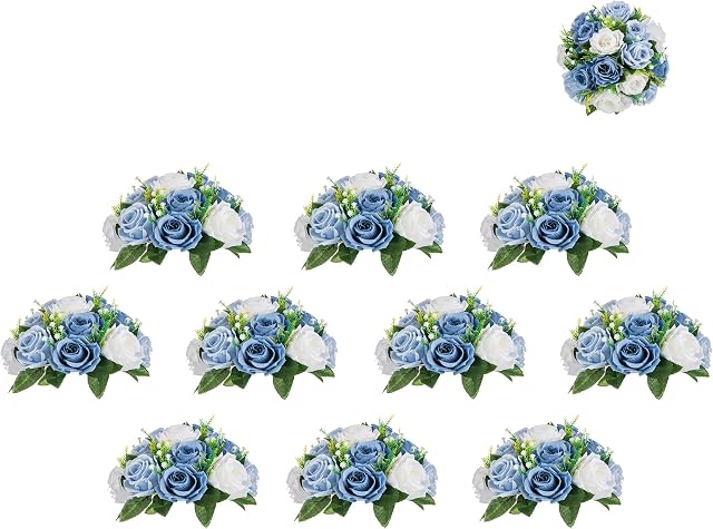 BLOSMON Flower Centerpieces for Tables Wedding 10 Pcs Dusty Blue Fake Flowers Rose Arrangement Bouquet Floral Centerpiece Balls Artificial Wedding Center Pieces of Valentines Day Home Party Decor