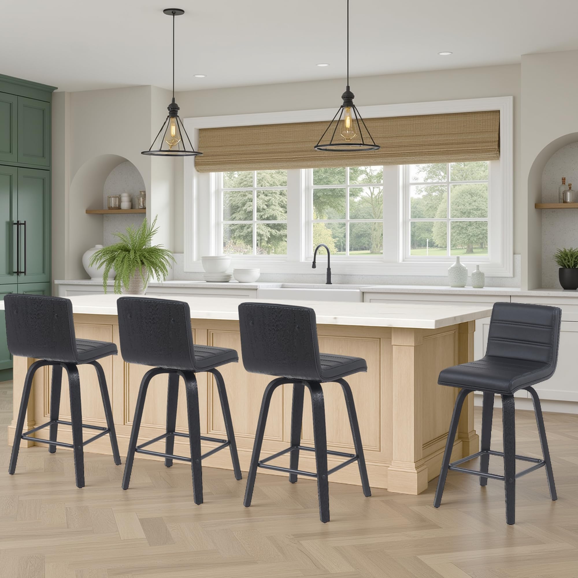 Vienna Modern Counter Height Swivel Bar Stool with Black Faux Leather Seat and Black Brushed Wood Frame Set of 2